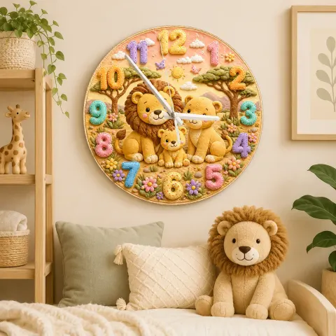 Pastel Safari Lion Family Kids Room Wall Clock | Cute Jungle Animal Nursery Decor, Perfect Baby Shower Gift Keepsake (13.6 inch / 34.5 cm)