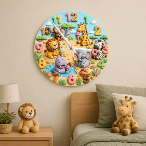 Safari Animals Ice Cream Kids Room Wall Clock | Jungle Nursery Decor, Baby Boy Girl Birthday Gift (13.6 inch / 34.5 cm)