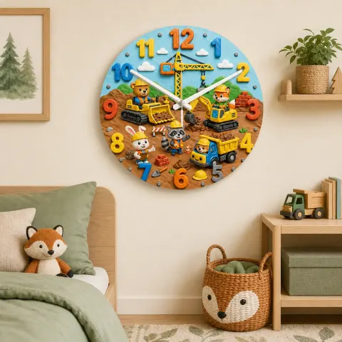 Construction Animals Kids Room Wall Clock | Little Builder Nursery Decor, Baby Boy Bedroom Makeover Birthday Gift (13.6 inch / 34.5 cm)