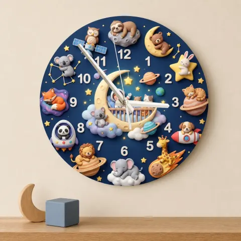 Space Animals & Planets Kids Room Wall Clock | Whimsical Night Sky Nursery Decor, Baby Shower And Birthday Present (13.6 inch / 34.5 cm)