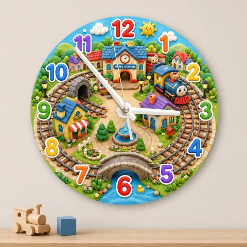 Reloj de pared de pueblo de tren de juguete para habitación infantil | Decoración de guardería ferroviaria colorida, regalo de cumpleaños para niño (34.5 cm)