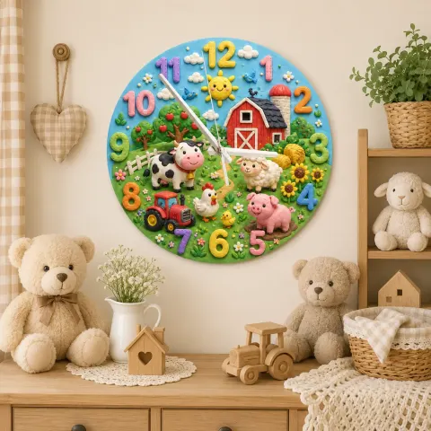 Farm Animals Barnyard Kids Room Wall Clock | Red Tractor Nursery Decor, Baby Boy Shower Gift & Playroom Keepsake Art (13.6 inch / 34.5 cm)