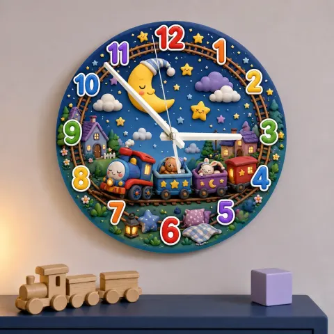 Reloj de pared para niños con tren nocturno y luna durmiente | Decoración de guardería caprichosa, regalo de baby shower para niños y niñas (34.5 cm)