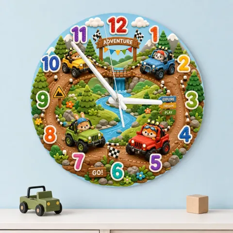 Vista alternativa de Reloj de pared de madera de aventura animal todoterreno para habitación infantil | Decoración de guardería safari en el bosque, regalo de cumpleaños para niño (34.5 cm)