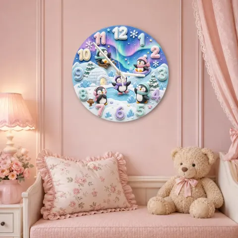 Vista alternativa di Whimsical Winter Wonderland Penguin Kids Room Wall Clock | Aurora Sky Nursery Decor, Beautiful Baby Shower Keepsake (13.6 inch / 34.5 cm)
