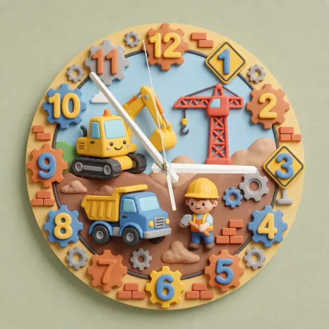 Vista alternativa di Construction Trucks Kids Room Wall Clock | Digger & Crane Nursery Decor, Little Builder Boy Birthday Gift Keepsake (13.6 inch / 34.5 cm)