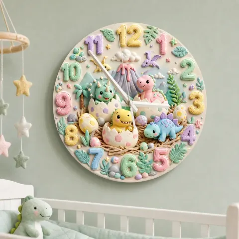 Vista alternativa de Reloj de pared infantil con dinosaurio bebé en tonos pastel | Decoración de guardería con dinosaurios que están a punto de eclosionar, regalos prehistóricos adorables para niños y niñas (34.5 cm)