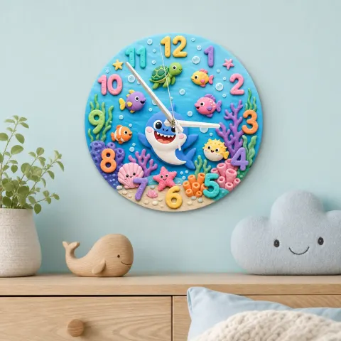 Ocean Shark Sea Creatures Kids Room Wall Clock | Underwater Nursery Decor, Baby Boy And Girl Birthday Gift Keepsake (13.6 inch / 34.5 cm)