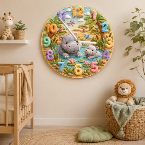 Safari Hippo Family Kids Room Wall Clock | Cute Jungle Animal Nursery Decor, Beautiful Baby Shower Gifts & Keepsakes (13.6 inch / 34.5 cm)