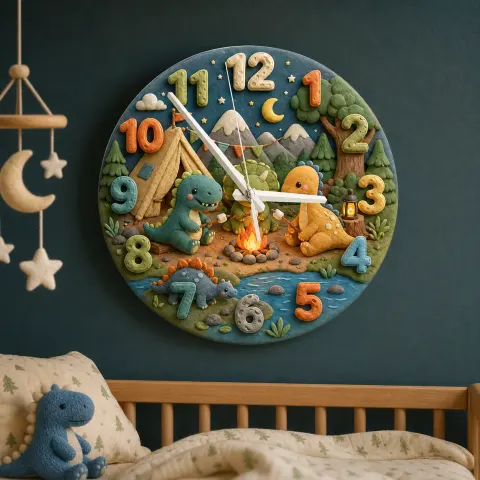 Vista alternativa de Reloj de pared infantil con dinosaurio junto a la fogata | Decoración de guardería nocturna en el bosque, regalo de cumpleaños y recuerdo para niño pequeño (34.5 cm)