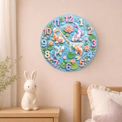 Pastel Koi Fish Pond Kids Room Wall Clock | Whimsical Lotus Flower Nursery Decor, Beautiful Baby Shower Gift Keepsake (13.6 inch / 34.5 cm)