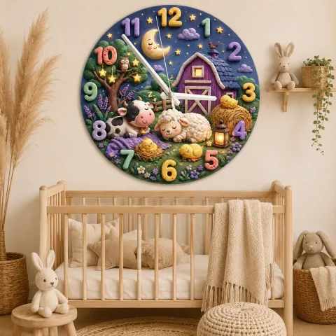 Sleeping Farm Animals Kids Room Wall Clock | Nighttime Nursery Decor, Sweet Dreams Baby Shower Gift For Boys Girls (13.6 inch / 34.5 cm)