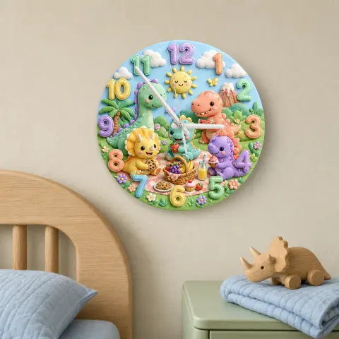Vista alternativa di Cute Dinosaur Picnic Kids Room Wall Clock | Colorful Baby Nursery Decor, Toddler Boy & Girl Birthday Gift Keepsake (13.6 inch / 34.5 cm)