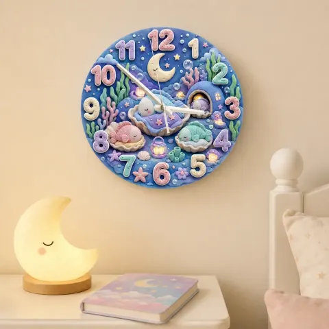 Vista alternativa di Sleeping Pastel Fish Kids Room Wall Clock | Dreamy Underwater Nursery Decor, Baby Girl Shower Gift & Room Makeover (13.6 inch / 34.5 cm)