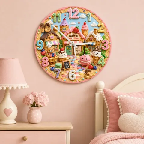 Waffle Sweet Shop Kids Room Wall Clock | Pastel Bakery Nursery Decor, Cute Little Girl Birthday Gift (13.6 inch / 34.5 cm)