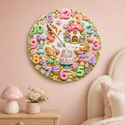 Fairy Mushroom Garden Kids Room Wall Clock | Magical Woodland Nursery Decor, Baby Girl Birthday Gift (13.6 inch / 34.5 cm)
