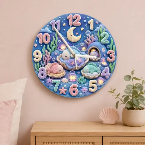 Sleeping Pastel Fish Kids Room Wall Clock | Dreamy Underwater Nursery Decor, Baby Girl Shower Gift & Room Makeover (13.6 inch / 34.5 cm)