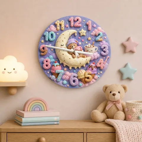Vista alternativa di Pastel Sweet Dreams Bear Kids Room Wall Clock | Moon And Stars Whimsical Nursery Decor, Cute Baby Girl Shower Gift (13.6 inch / 34.5 cm)