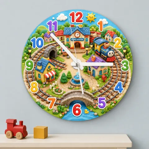 Vista alternativa de Reloj de pared de pueblo de tren de juguete para habitación infantil | Decoración de guardería ferroviaria colorida, regalo de cumpleaños para niño (34.5 cm)