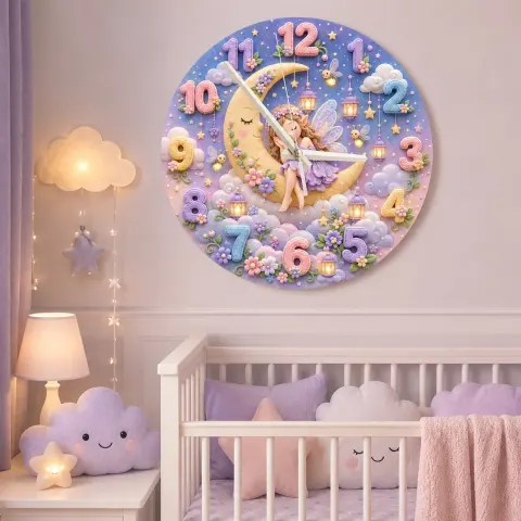 Sleeping Fairy Moon Kids Room Wall Clock | Magical Pastel Cloud Nursery Decor, Baby Girl Room Birthday Keepsake Gift (13.6 inch / 34.5 cm)