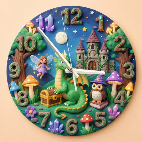 Vista alternativa di Magical Dragon and Fairy Kids Room Wall Clock | Fantasy Castle Nursery Decor, Whimsical Storybook Birthday Gift Idea (13.6 inch / 34.5 cm)