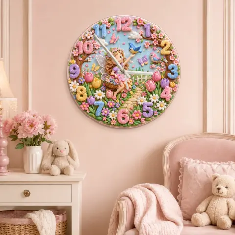 Whimsical Fairy Garden Kids Room Wall Clock | Pastel Floral Nursery Decor, Magical Little Girls Bedroom Decor Gift (13.6 inch / 34.5 cm)