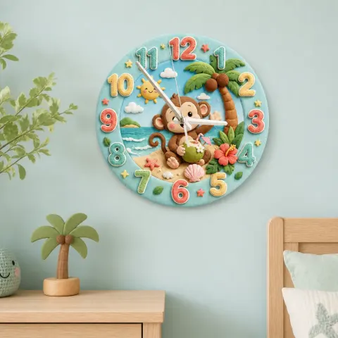 Tropical Beach Monkey Kids Room Wall Clock | Cute Ocean Animal Nursery Decor, Baby Boy Girl Playroom Birthday Gift (13.6 inch / 34.5 cm)