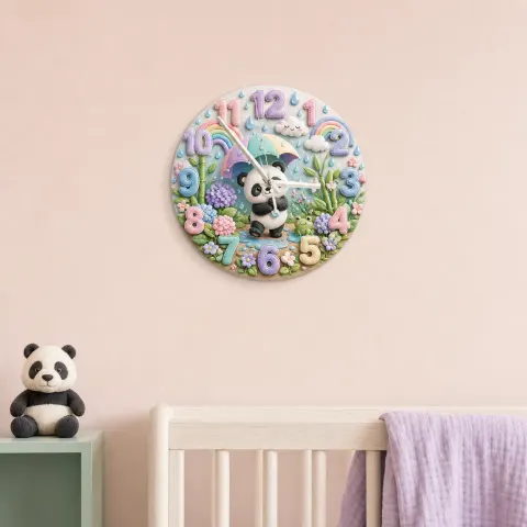 Whimsical Pastel Panda Kids Room Wall Clock | Rainbow Umbrella Nursery Decor, Cute Baby Girl Shower Gift Keepsake (13.6 inch / 34.5 cm)