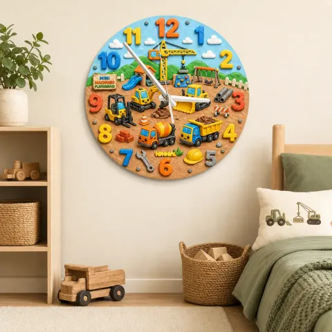 Construction Trucks Playground Kids Room Wall Clock | Boys Nursery Decor, Little Builder Toddler Birthday Gift Idea (13.6 inch / 34.5 cm)