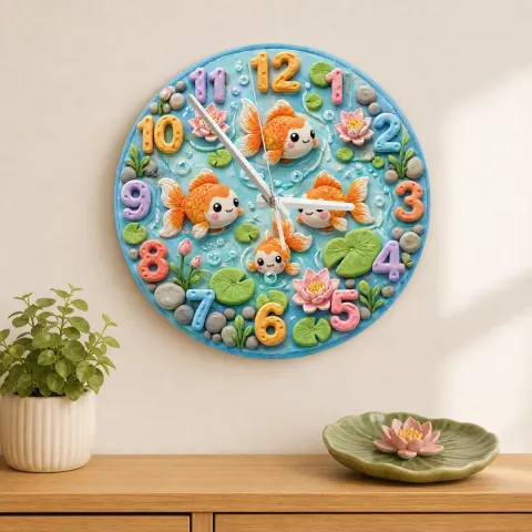 Vista alternativa di Whimsical Goldfish Pond Kids Room Wall Clock | Pastel Lotus Flower Nursery Home Decor, Sweet Newborn Baby Shower Gift (13.6 inch / 34.5 cm)