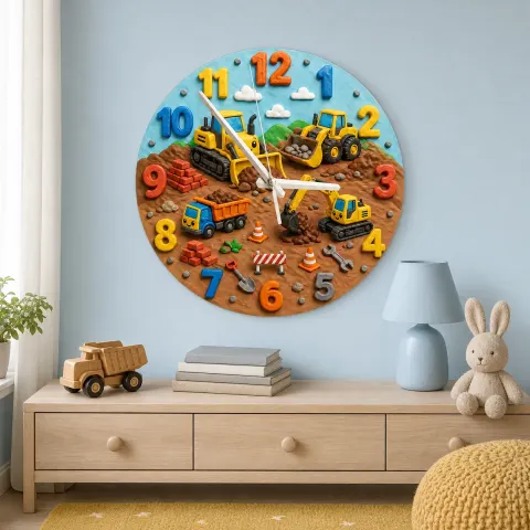 Vista alternativa di Construction Vehicles Kids Room Wall Clock | Playful Boys Bedroom Nursery Decor, Little Builder Birthday Gift Idea (13.6 inch / 34.5 cm)