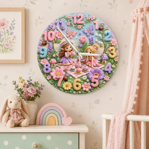 Magical Fairy Tea Party Kids Room Wall Clock | Enchanted Garden Nursery Decor, Pastel Girls Bedroom Birthday Present (13.6 inch / 34.5 cm)