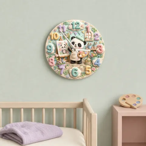 Little Painter Panda Kids Room Wall Clock | Pastel Floral Nursery Decor, Baby Girl Bedroom Birthday Gift Keepsake (13.6 inch / 34.5 cm)