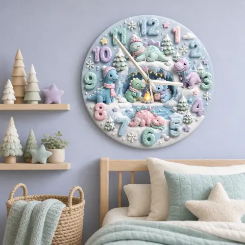 Vista alternativa de Reloj de pared infantil con dinosaurio en invierno acogedor | Decoración de guardería con nieve en tonos pastel, regalo caprichoso para baby shower de niño o niña (34.5 cm)