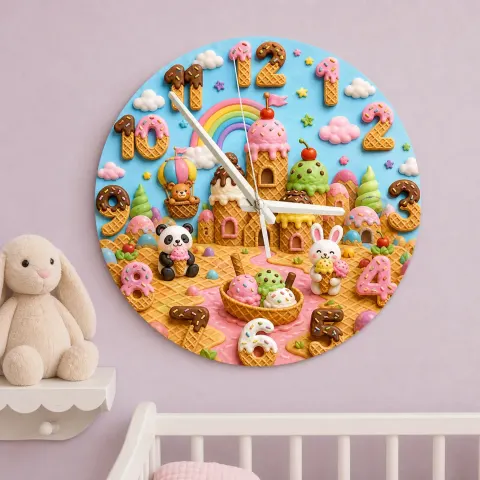 Panda Bunny Candy Castle Kids Room Wall Clock | Rainbow Nursery Decor, Sweet Baby Shower Gift (13.6 inch / 34.5 cm)