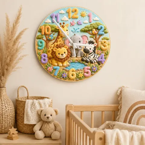 Safari Jungle Animals Kids Room Wall Clock | Cute Lion Elephant Nursery Decor, Unique Baby Shower Gifts for Newborns (13.6 inch / 34.5 cm)