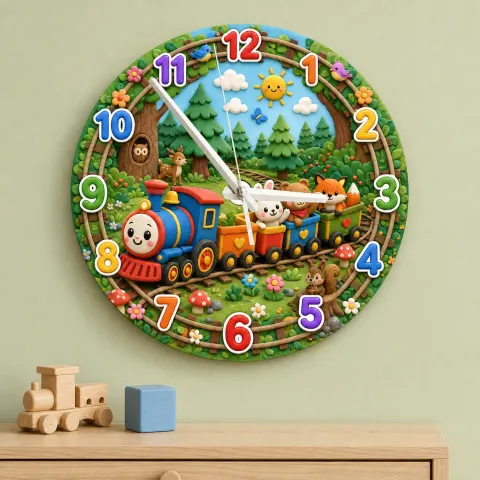 Reloj de pared de aventura en tren en el bosque para habitación infantil | Decoración de guardería juguetona, regalo de cumpleaños para niño (34.5 cm)