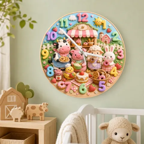 Vista alternativa di Farm Animals Bakery Kids Room Wall Clock | Barnyard Nursery Decor, Baby Boy Girl Birthday Gift (13.6 inch / 34.5 cm)
