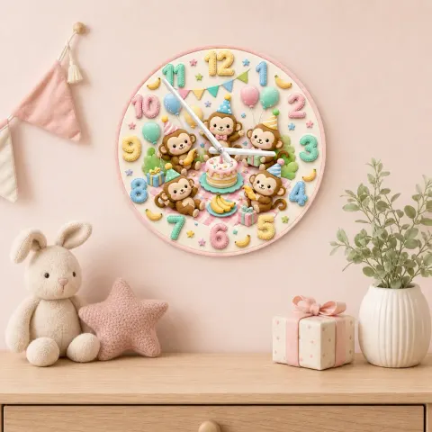 Pastel Monkey Birthday Kids Room Wall Clock | Cute Safari Animal Nursery Decor, Sweet Baby Shower Gift For Children (13.6 inch / 34.5 cm)
