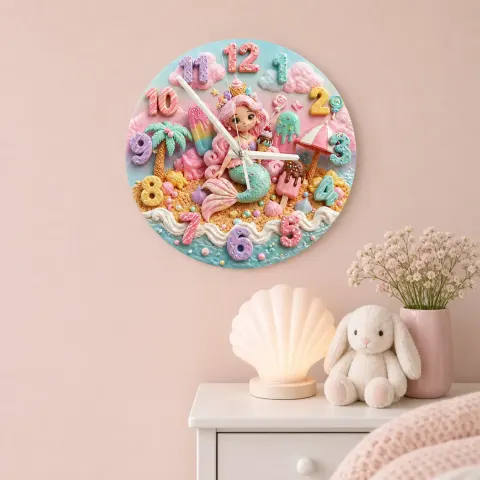 Pastel Mermaid & Sweet Treats Kids Room Wall Clock | Kawaii Candy Beach Nursery Decor, Cute Little Girls Bedroom Gift (13.6 inch / 34.5 cm)