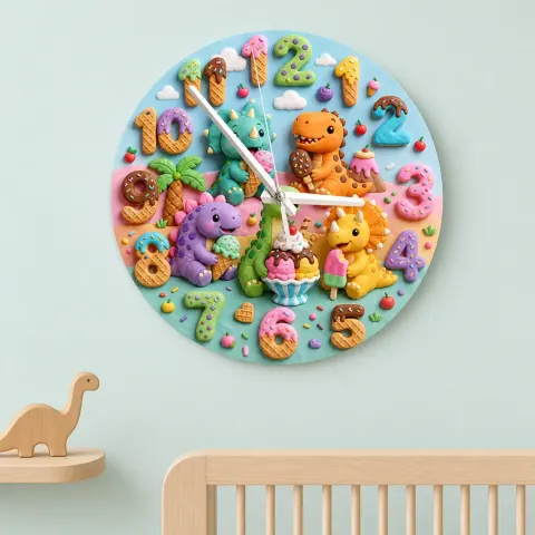 Dinosaur Ice Cream Party Kids Room Wall Clock | Colorful Nursery Decor, Little Boy Birthday Gift (13.6 inch / 34.5 cm)