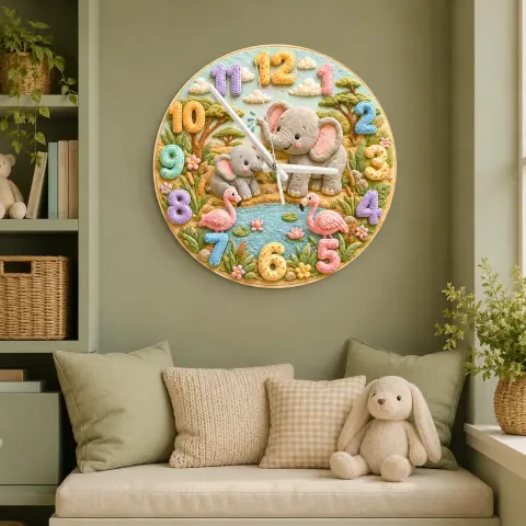 Vista alternativa di Safari Elephant & Flamingo Kids Room Wall Clock | Pastel Jungle Animal Nursery Decor, Beautiful Baby Shower Keepsake (13.6 inch / 34.5 cm)