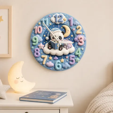 Vista alternativa di Bedtime Reading Panda Kids Room Wall Clock | Pastel Night Sky Nursery Decor, Cute Baby Shower Gift For New Parents (13.6 inch / 34.5 cm)