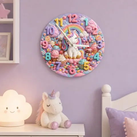 Magical Unicorn Candy Land Kids Room Wall Clock | Pastel Rainbow Nursery Art Decor, Sweet Little Girl Birthday Gift (13.6 inch / 34.5 cm)