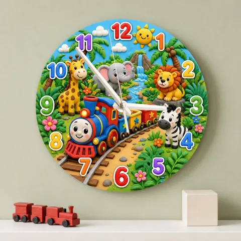 Vista alternativa de Reloj de pared para niños con tren de safari colorido | Decoración de guardería con animales de la jungla, regalo de cumpleaños para niños pequeños (34.5 cm)