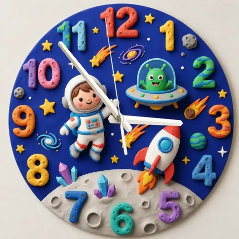 Outer Space Astronaut Kids Room Wall Clock | Alien Rocket Nursery Decor, Baby Boy Bedroom Birthday Gift Idea Keepsake (13.6 inch / 34.5 cm)