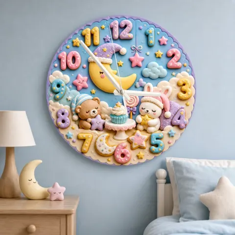Bedtime Moon Animals Kids Room Wall Clock | Sleepy Bear Bunny Nursery Decor, Sweet Baby Shower Gift (13.6 inch / 34.5 cm)