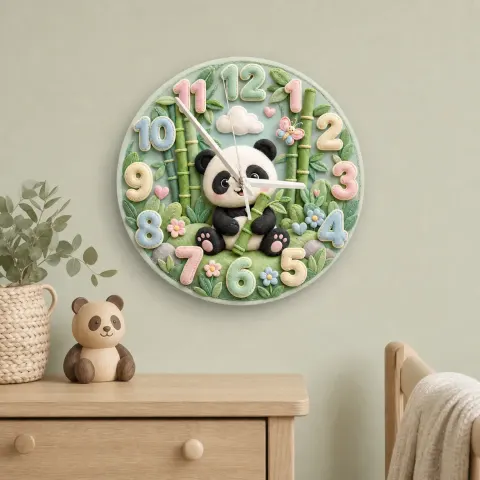 Pastel Panda Bear and Bamboo Kids Room Wall Clock | Cute Jungle Animal Nursery Wall Decor, Baby Shower Gift Keepsake (13.6 inch / 34.5 cm)