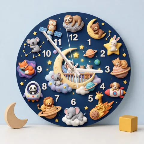 Vista alternativa di Space Animals & Planets Kids Room Wall Clock | Whimsical Night Sky Nursery Decor, Baby Shower And Birthday Present (13.6 inch / 34.5 cm)