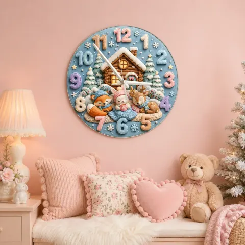 Vista alternativa di Cozy Winter Woodland Animals Kids Room Wall Clock | Snowy Cabin Nursery Decor, Baby Shower Gift For Girls And Boys (13.6 inch / 34.5 cm)